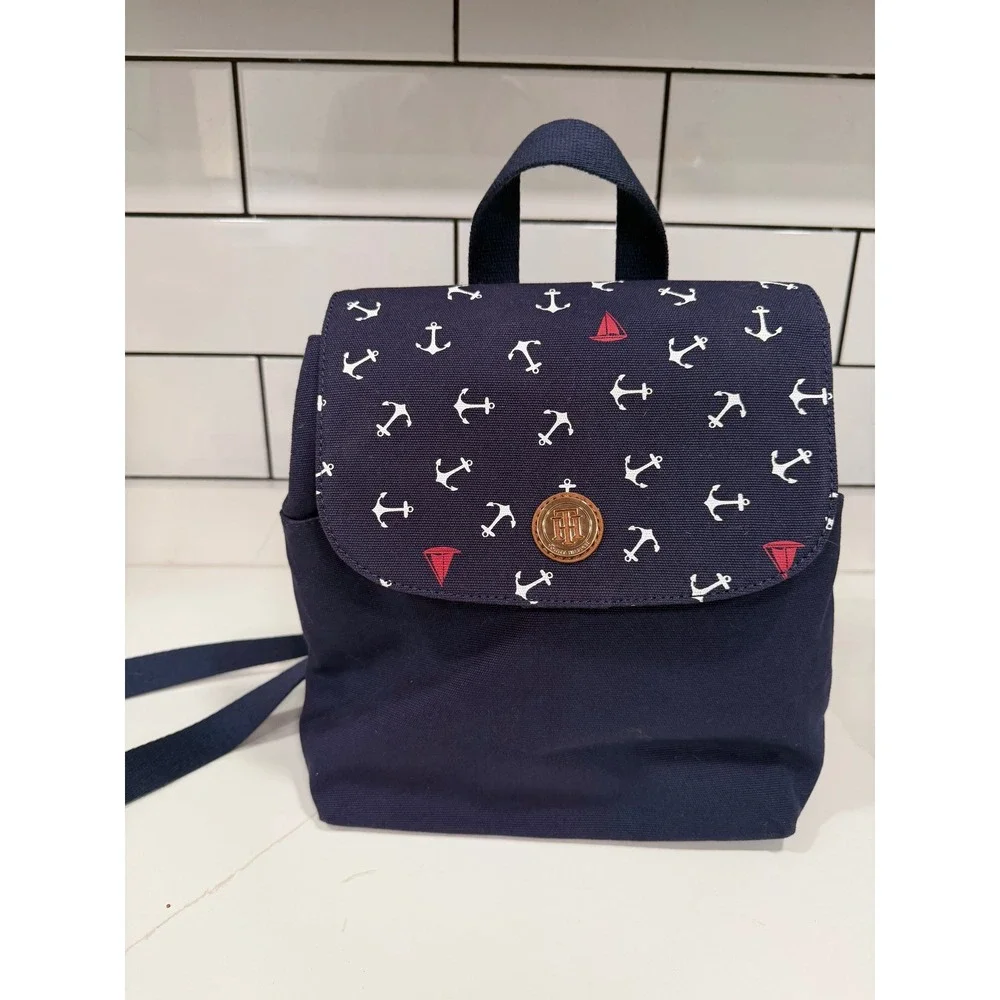 Tommy Hilfiger Mini Backpack Navy Blue Canvas Nautical Anchor Sailboat Print
